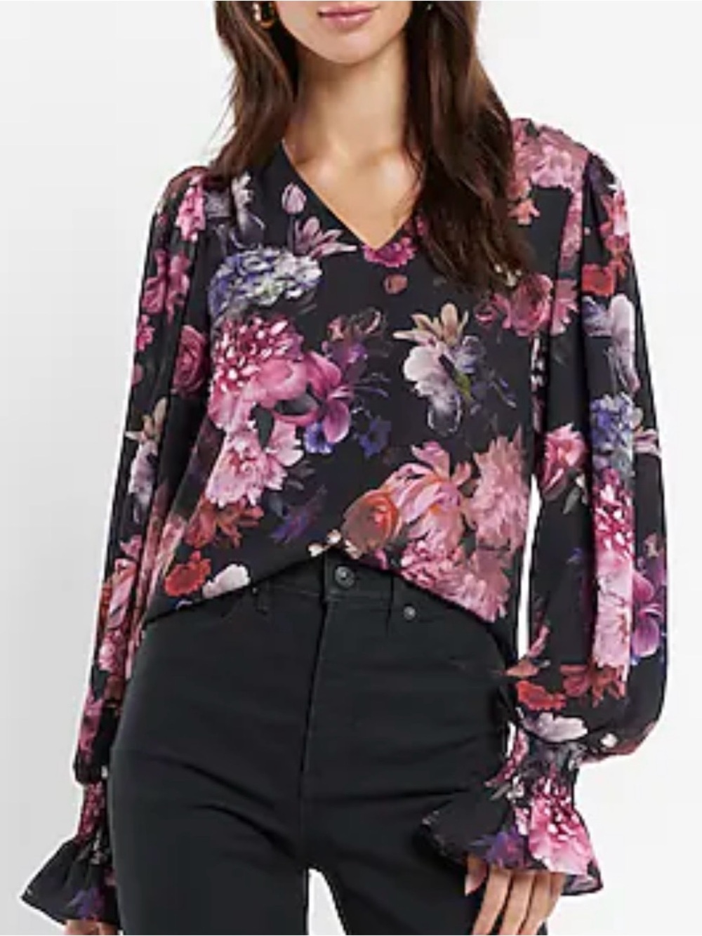 Express Black Floral V-Neck Blouse with Pink and Purple Bouquet